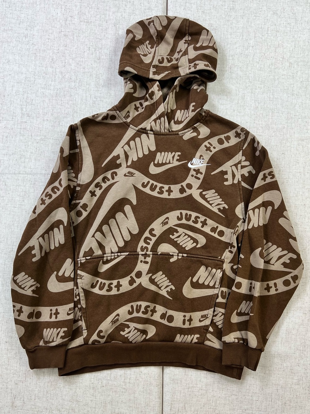 Nike Sportswear All Over Print Logo Hoodie Brown Tan Club Fleece Youth L